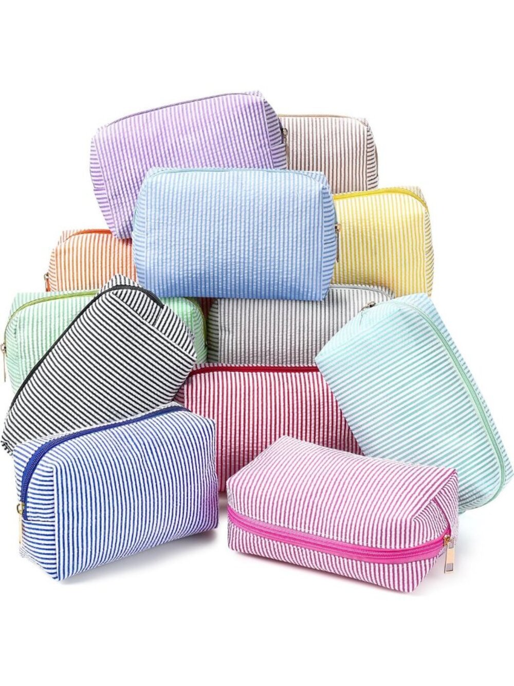 12 Pcs Striped Seersucker Cosmetic Bags Set, Zippered Travel Organizers, Neutral